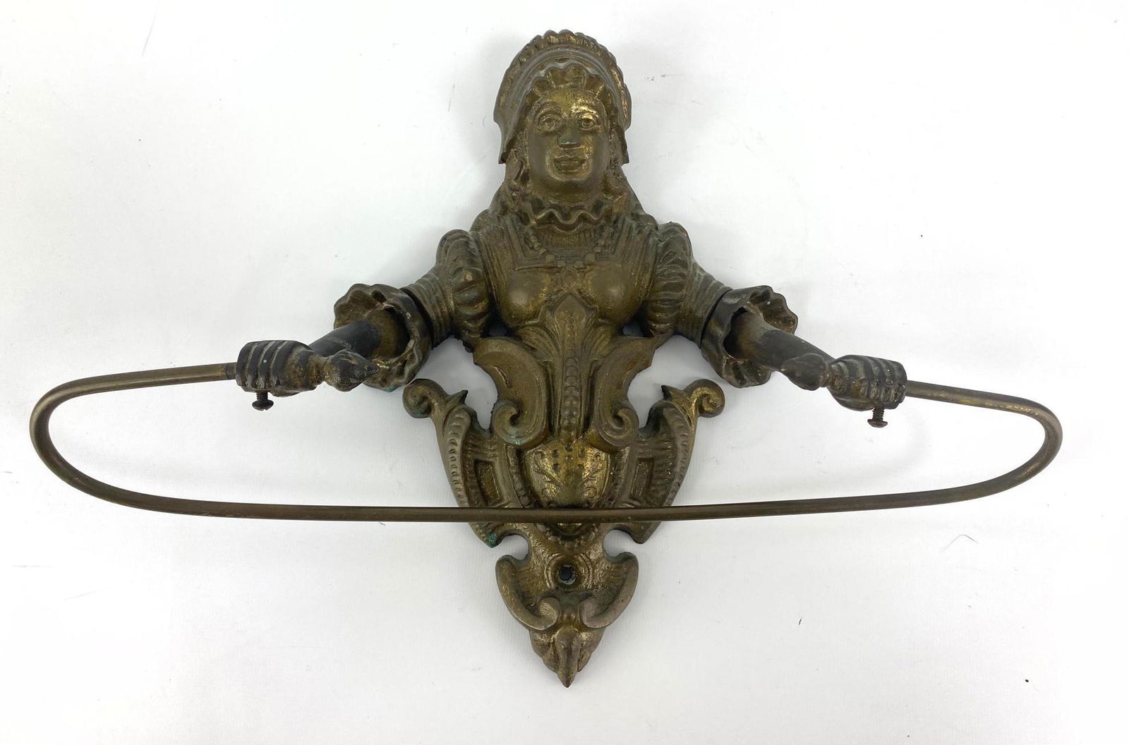 Vintage brass figural towel bar holder.  Wall mount. (1 of 14)