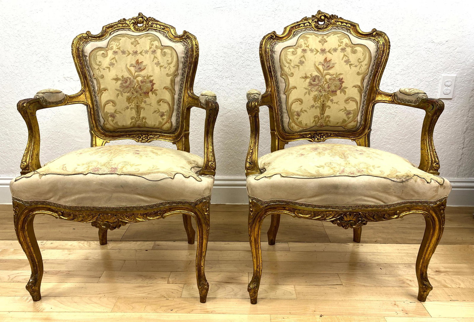 Pair Louis XV Style Gilt Carved Arm Chairs. French sty: Pair Louis XV Style Gilt Carved Arm Chairs. French style. -- Dimensions: H: 37 inches: W: 25 inches: D: 21 inches ---