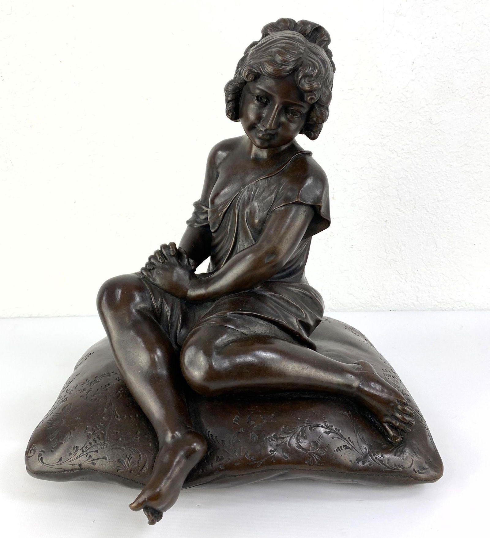 AUGUSTE MOREAU Bronze Sculpture of Girl on Pillow. Sign (1 of 11)