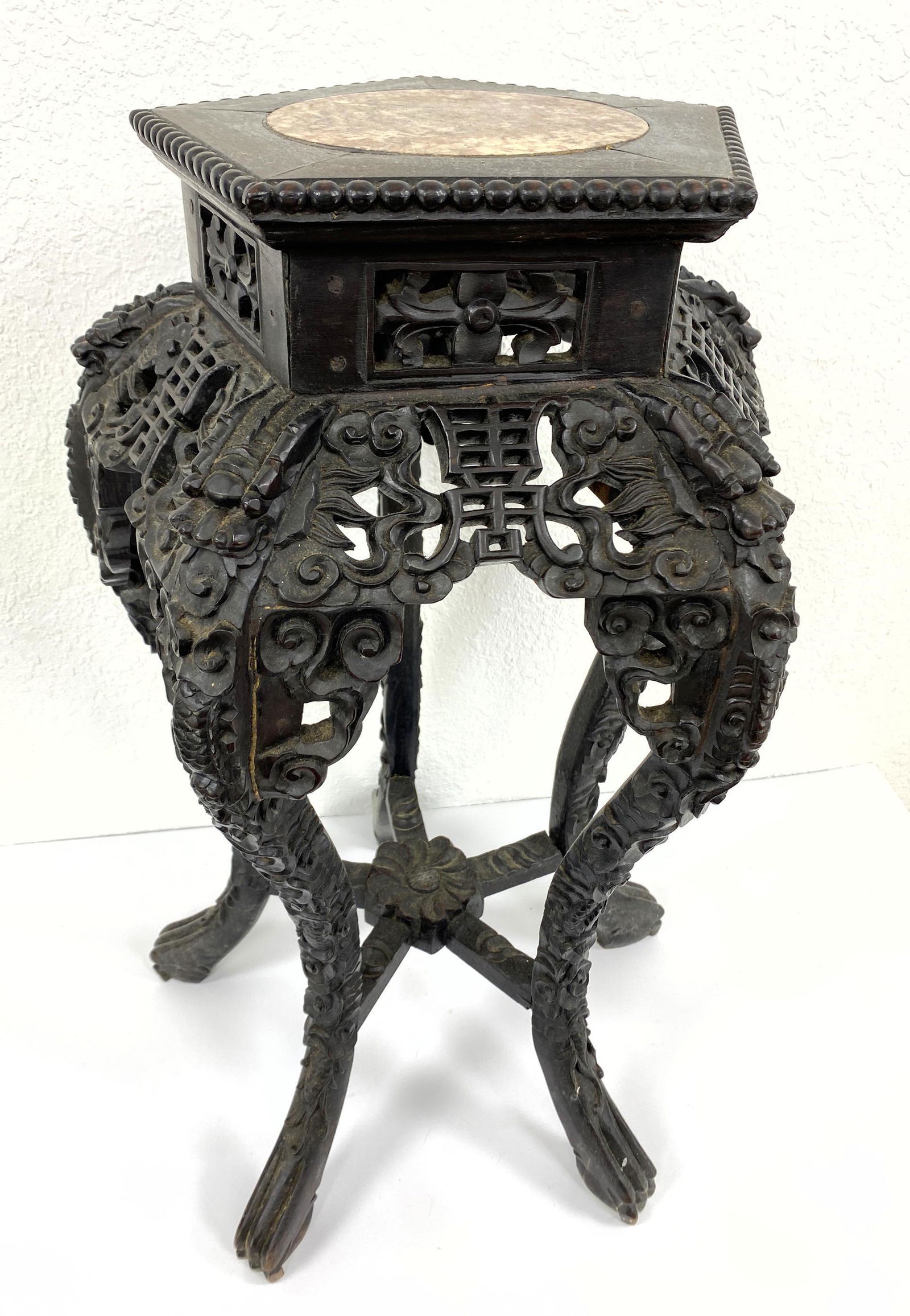 Chinese Marble Top Stand Table.  Carved Hardwood Base. (1 of 12)