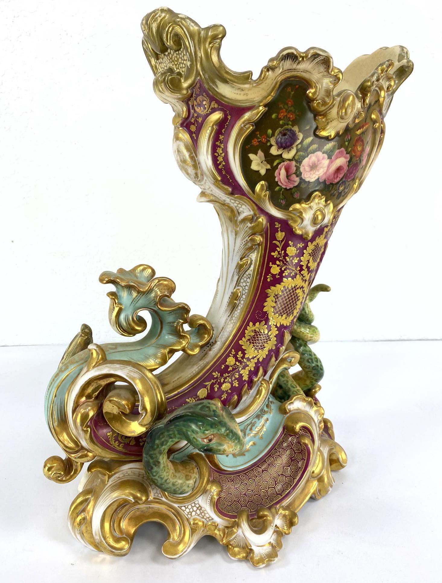 Highly ornate porcelain cornucopia vase. Snake head det (1 of 16)