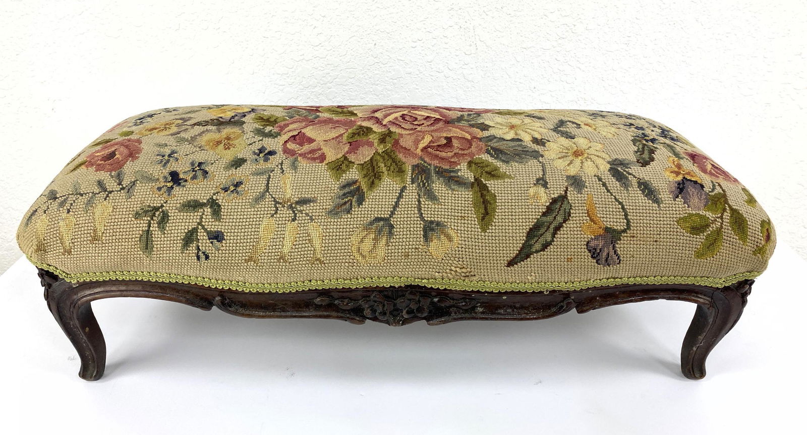 Vintage Large Floral Needlepoint Foot Stool. French Car (1 of 10)