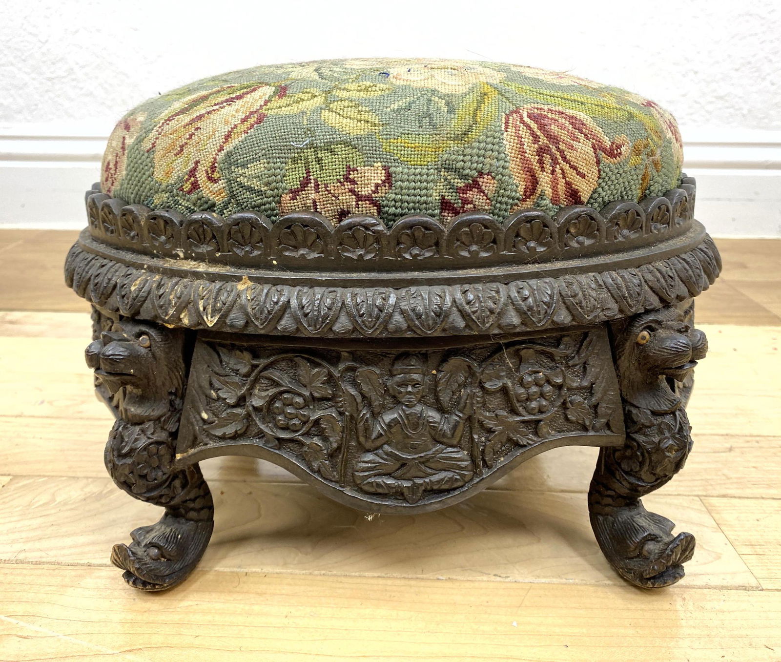 Antique Petty Point Footstool with Carved wood Base. Pe (1 of 10)