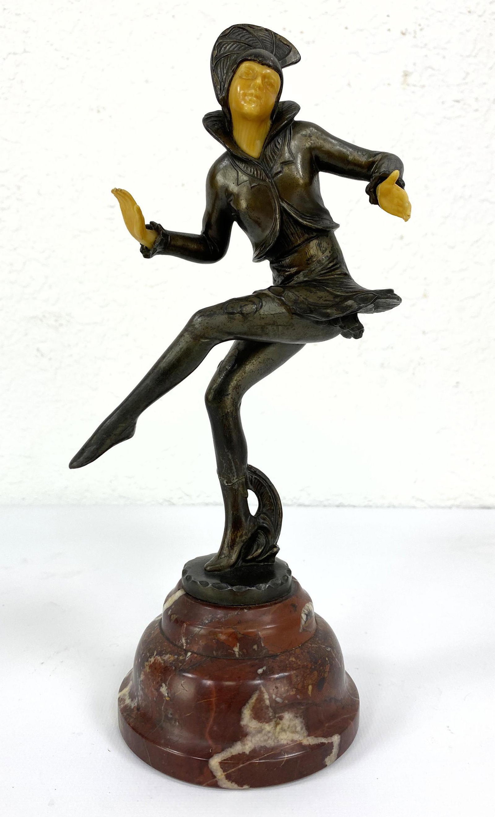 Vintage Art Deco Figure of Dancer. Metal and Marble.: Vintage Art Deco Figure of Dancer. Metal and Marble. -- Dimensions: H: 9.5 inches: W: 4.25 inches: D: 4 inches ---
