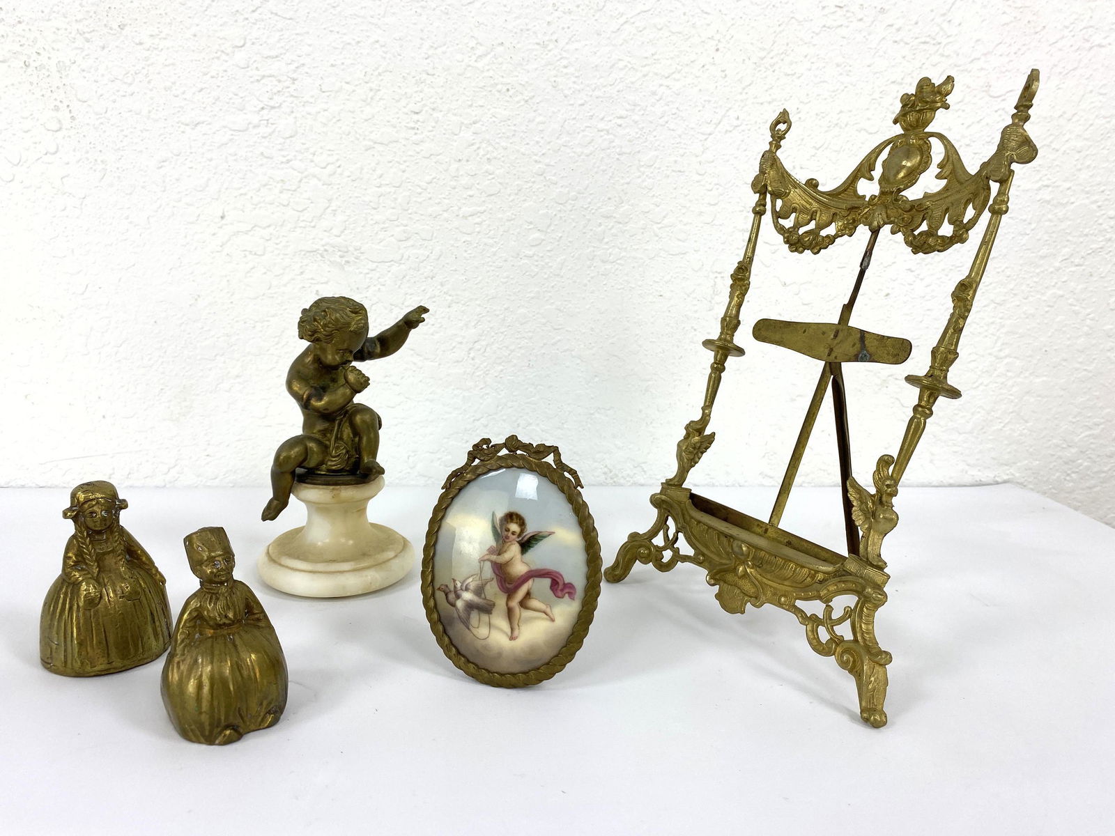 5pc Metal Lot. Easel, 2 bells, Miniature framed Porcela (1 of 15)
