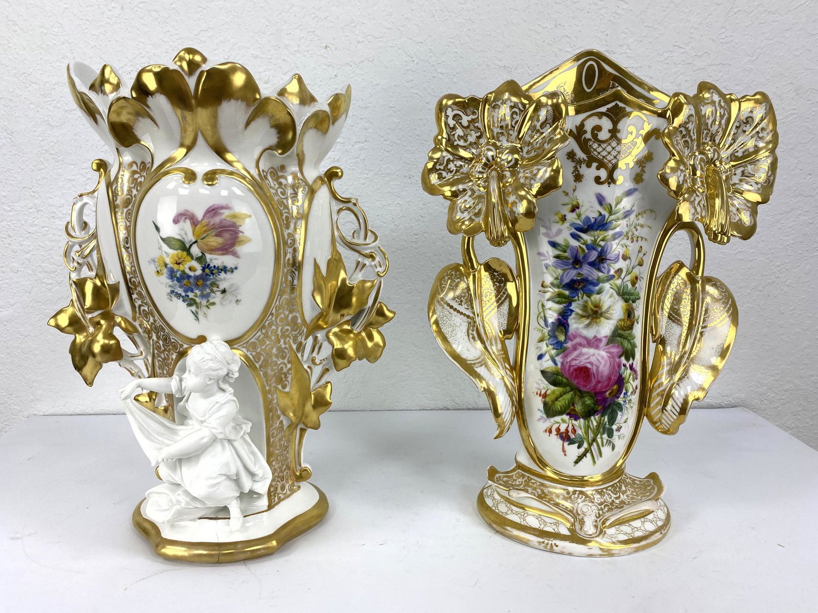 2 Ornate Old Paris Porcelain Mantle Vases, one with Bis (1 of 17)