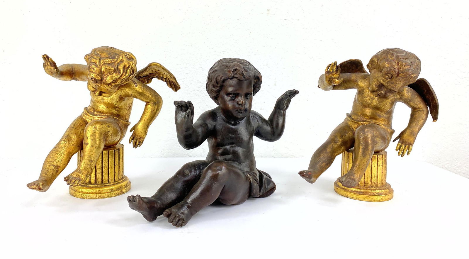 3pc Carved  Wood Cherub Lot. 2 gilt painted. (1 of 13)