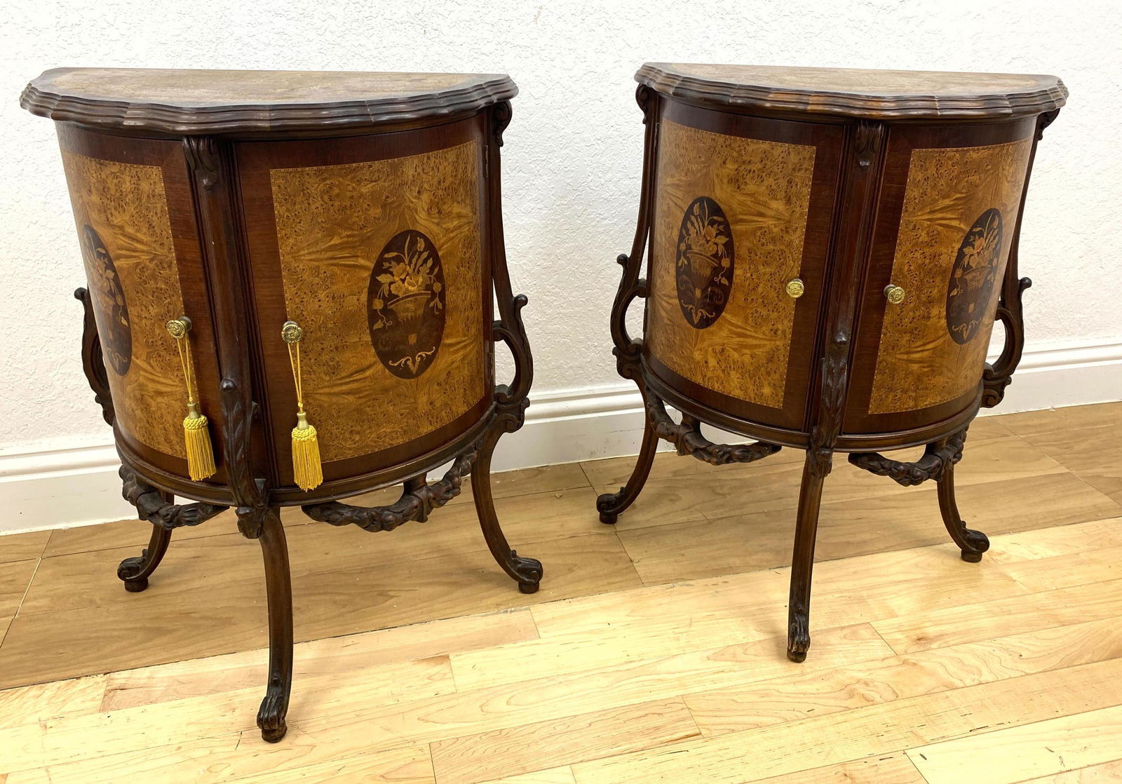 Pair French Style Side Table Cabinets with Floral Inlay (1 of 15)