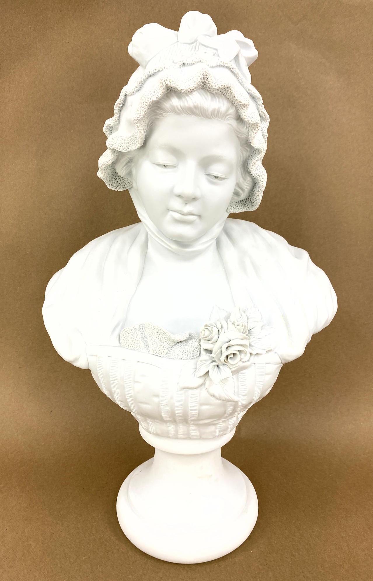 French Bisque Bust Of Lady with Bonnet.  Stamped marks (1 of 10)