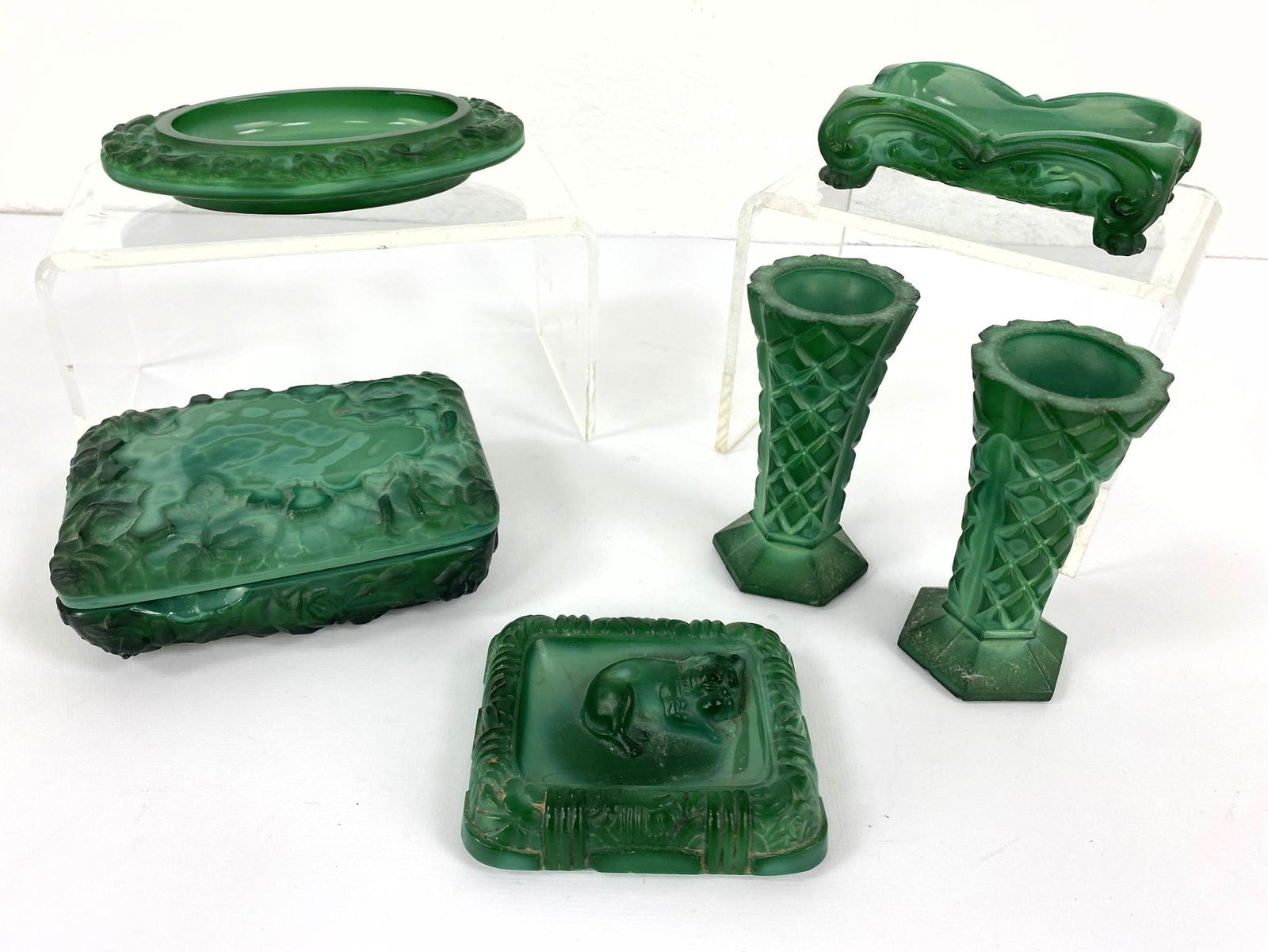 6pc French Malachite Glass Lot. Craved Glass. Vases, bo: 6pc French Malachite Glass Lot. Craved Glass. Vases, box, and dishes.-- Dimensions: H: 4.25 inches: W: 2 inches: D: 2 inches ---