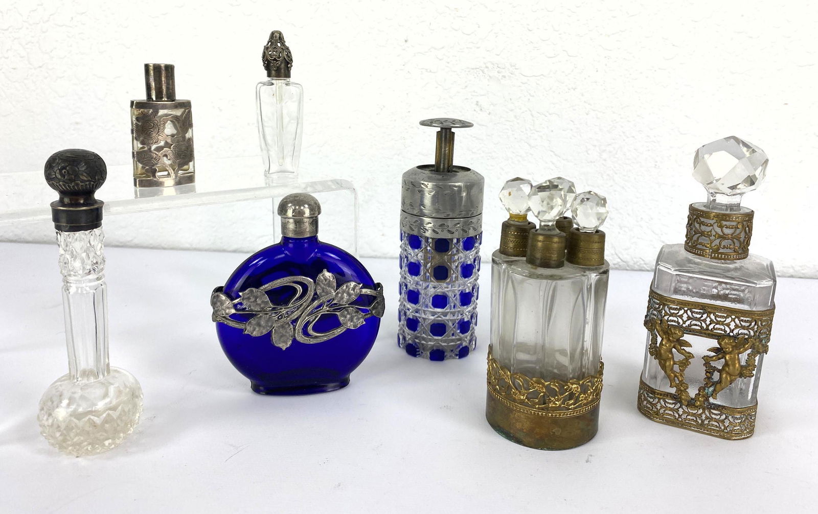 7pc Glass Perfume Bottle Lot. Metal mounted, Cut Glass, (1 of 15)