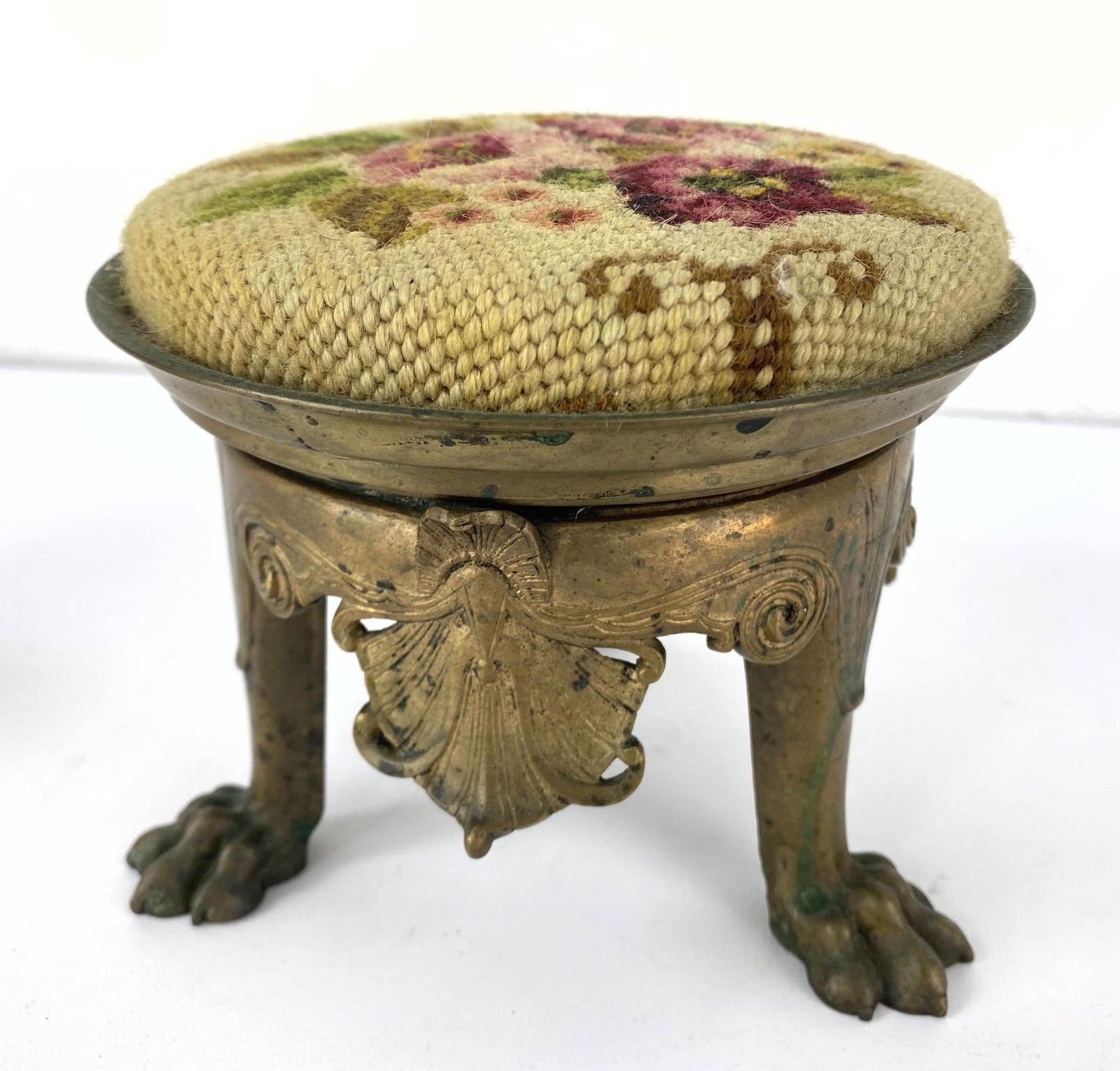 Small Needlepoint Petit Point Stool. Brass base with Pa (1 of 8)