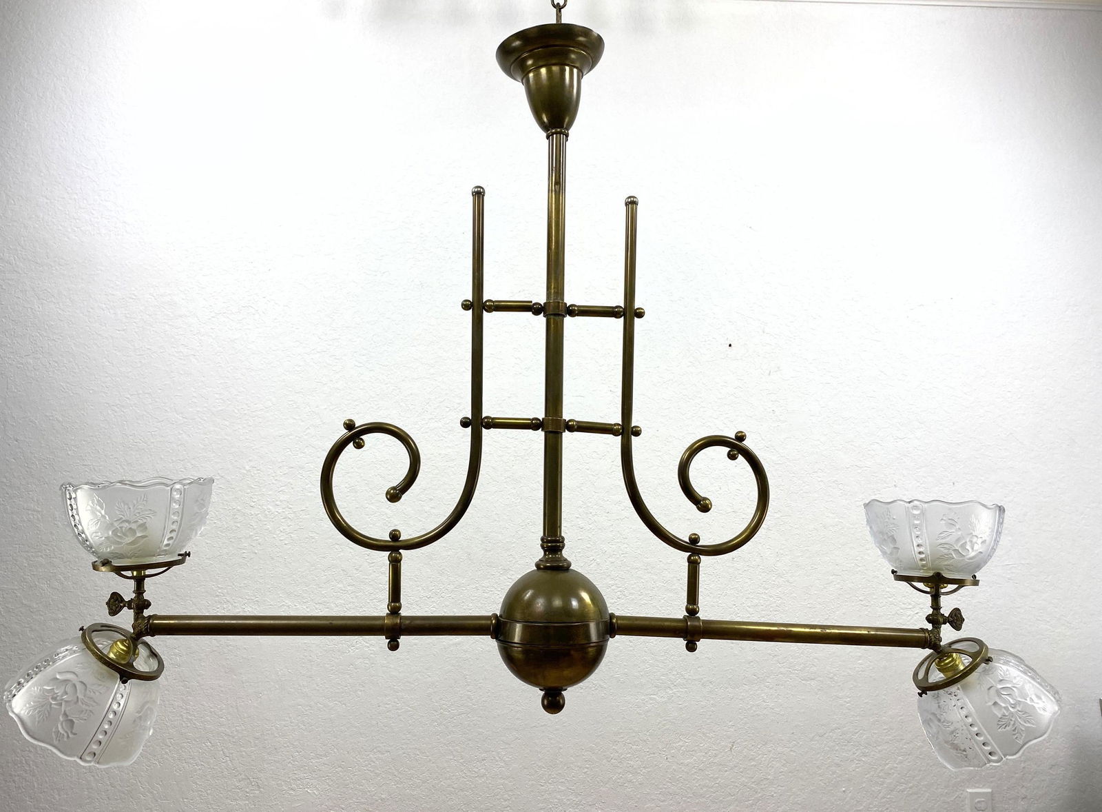Antique Converted Gas Chandelier.  Brass and Glass. (1 of 12)