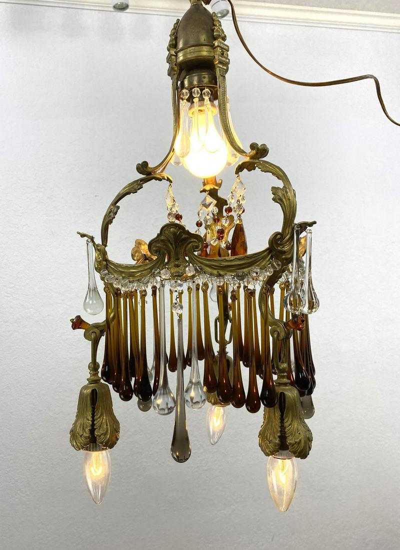 Great Art Nouveau Chandelier Pendant Lamp with Colorful: Great Art Nouveau Chandelier Pendant Lamp with Colorful Glass Drops. Bronze Mountings. -- Dimensions: H: 25 inches: W: 13 inches: D: 13 inches ---