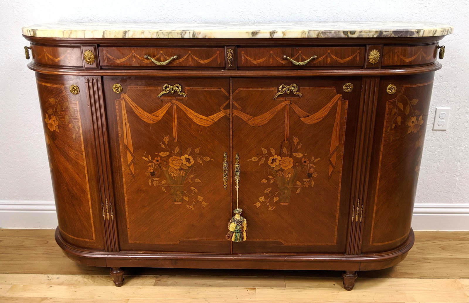 French Inlaid Marquetry Marble Top Sideboard Credenza. (1 of 9)
