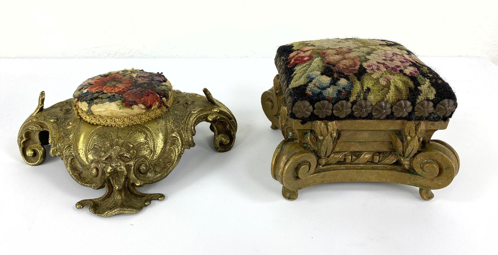 2pc Needlepoint Cushion Miniature Stools. One gilt meta (1 of 13)