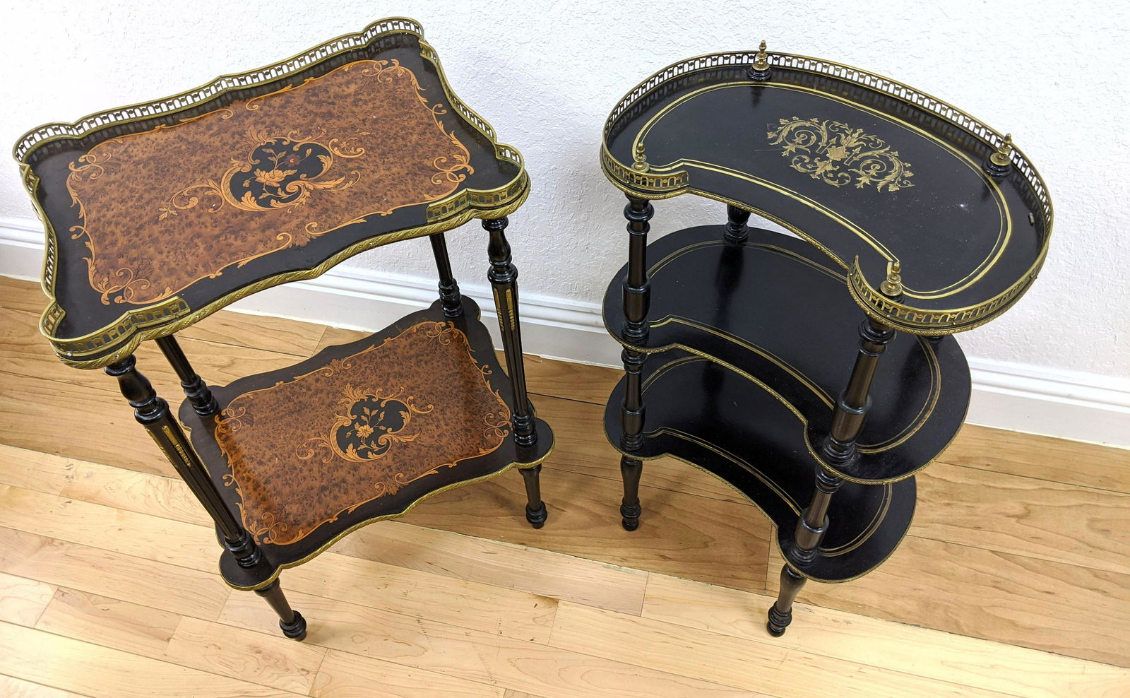 2pc Inlaid Multi Tier Inlaid Stands. 1) Burl wood with (1 of 8)