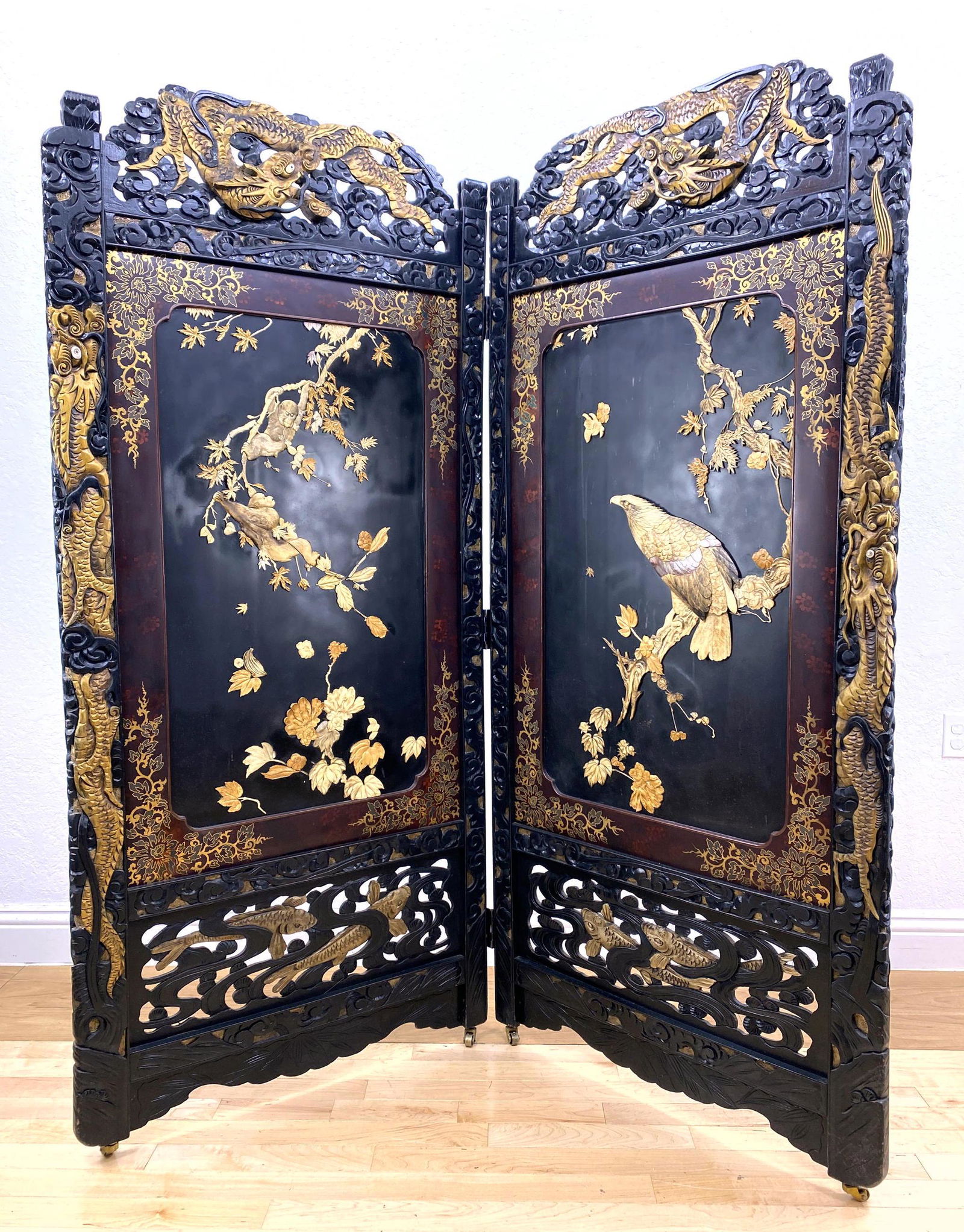 Lacquered and Inlaid Two Panel Screen Room Divider.  As (1 of 20)
