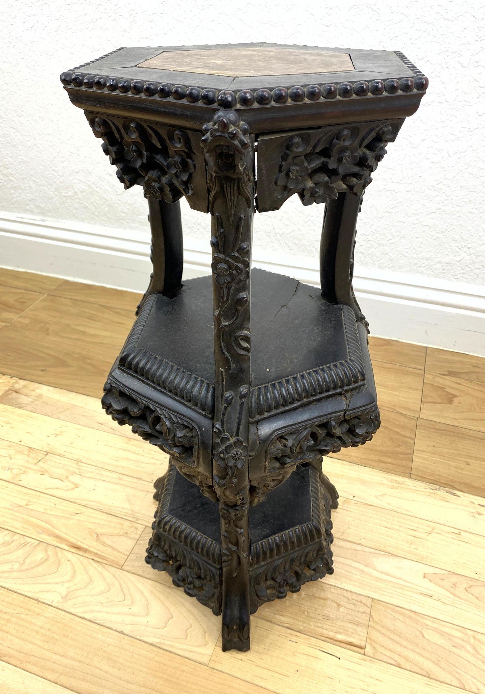 Chinese Carved Hardwood 3 Tier Stand Table.  Inlaid Mar (1 of 15)