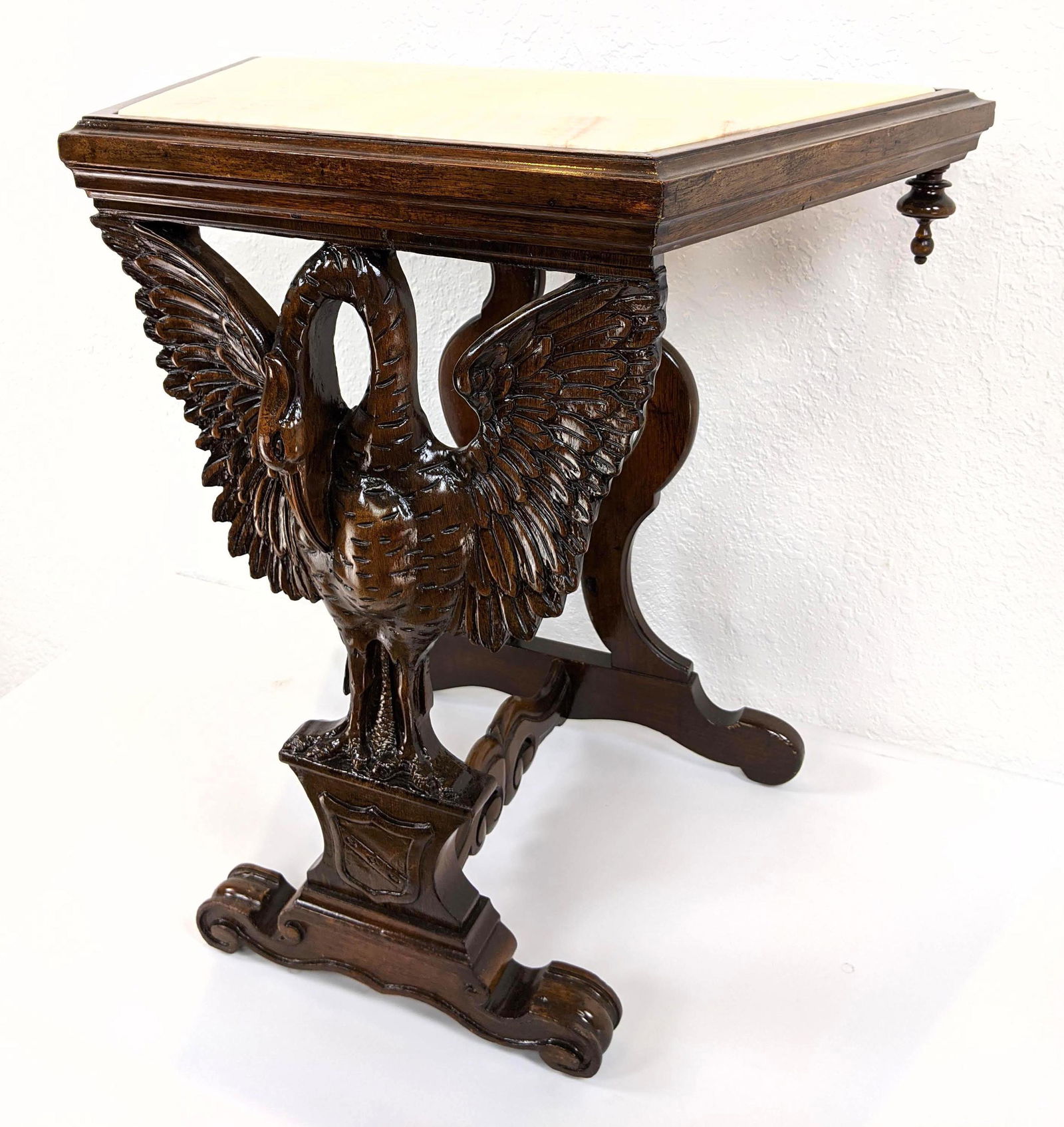 Angled Top Occasional Side Table. Carved swan base. Ins (1 of 13)