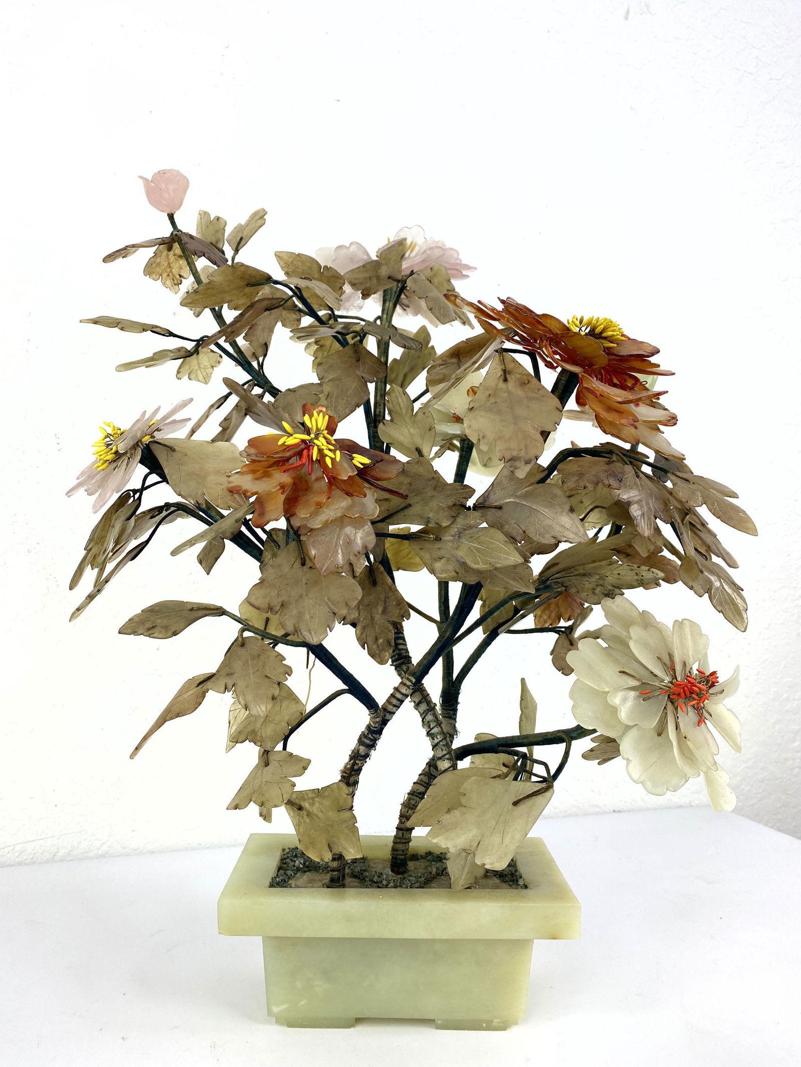 Asian Jade and Hardstone Flowers in Jade Planter Base. (1 of 17)