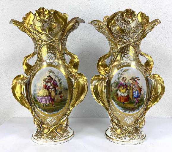 Pair Old Paris Porcelain Mantle Vases. Hand Painted And