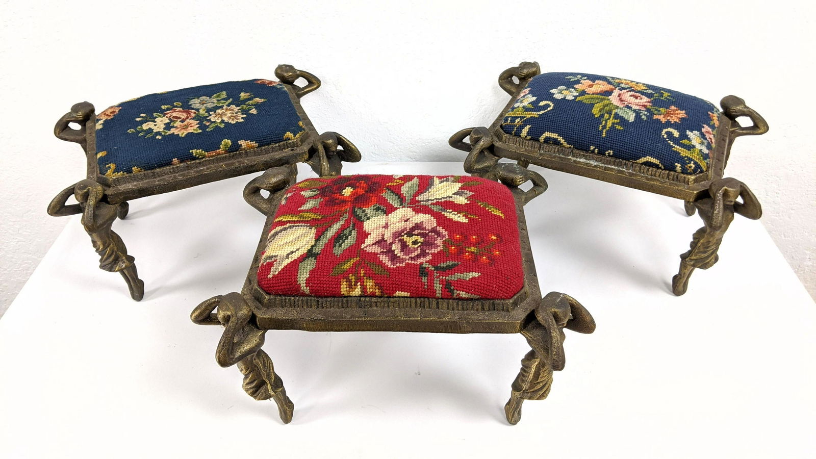 3pc Needlepoint Contemporary Metal Foot Stools. Each wi (1 of 8)