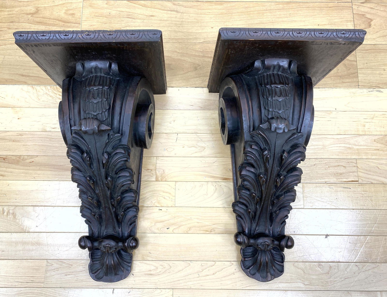 Pair Carved Wood Wall Bracket Shelf Sconces. Floral scr (1 of 13)