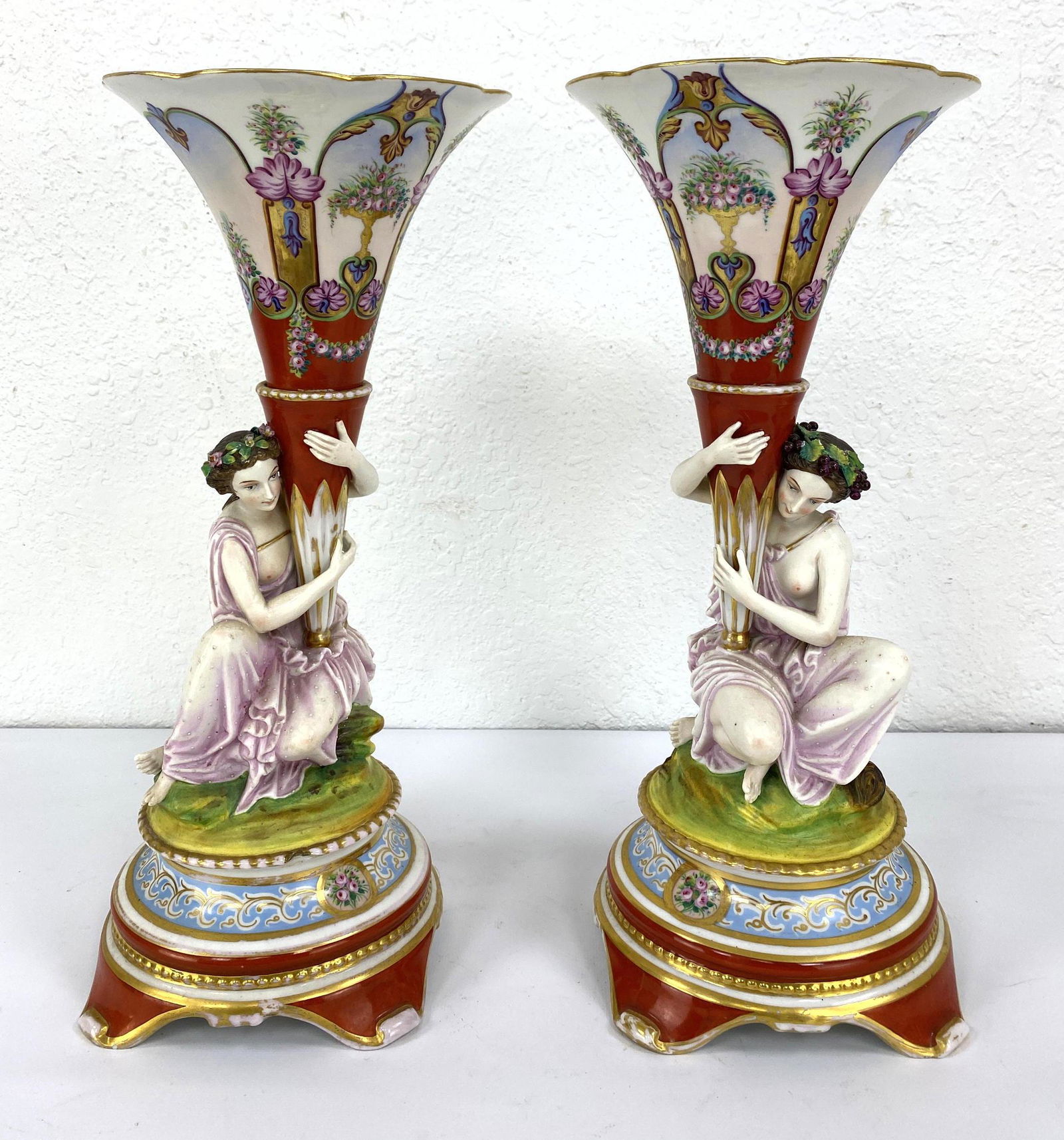 Pair French Style Figural Mantle Vases. Trumpet form wi (1 of 12)