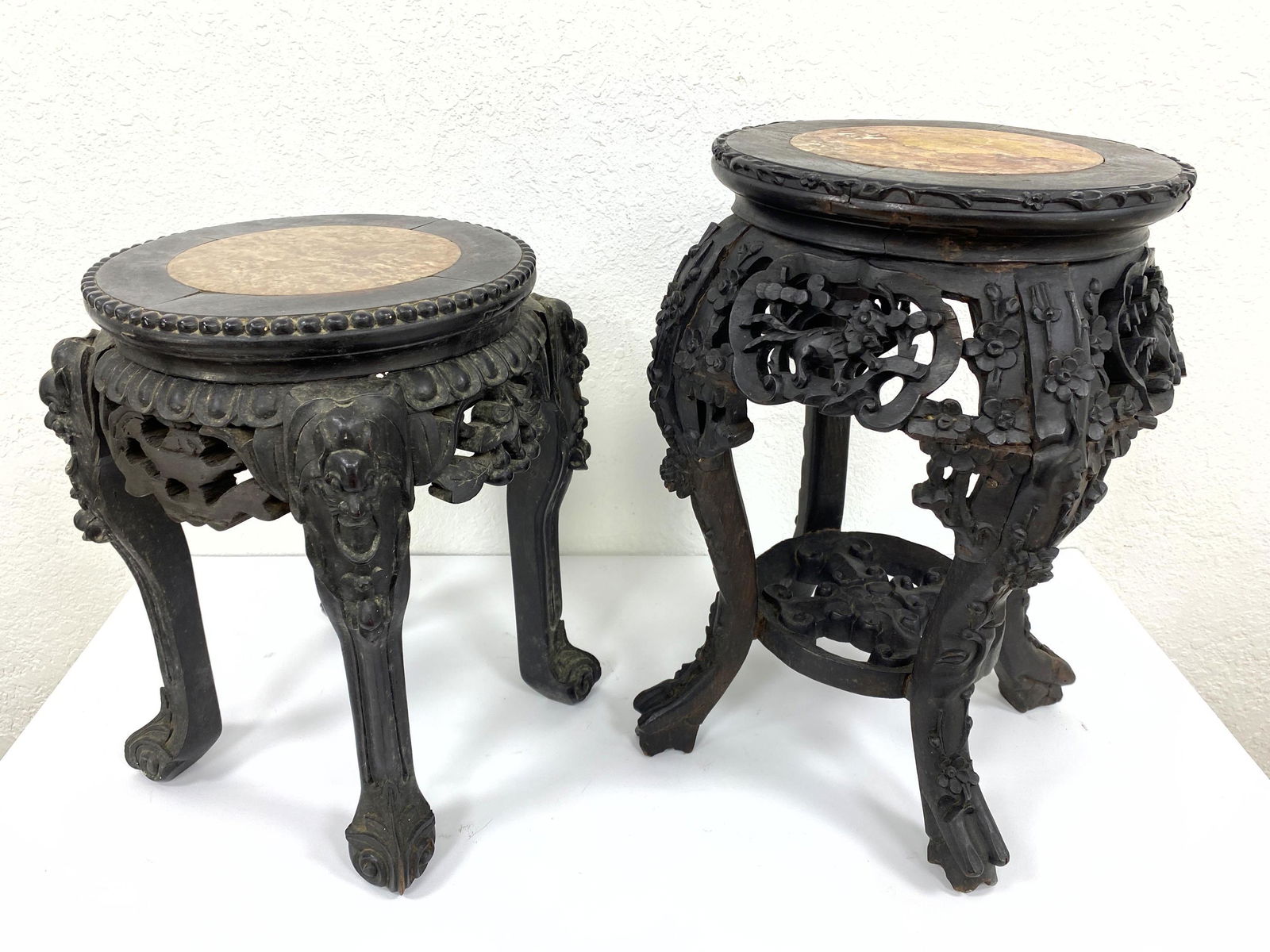2 Chinese Hardwood Plant Stand Tables.  Inset Marble To (1 of 18)