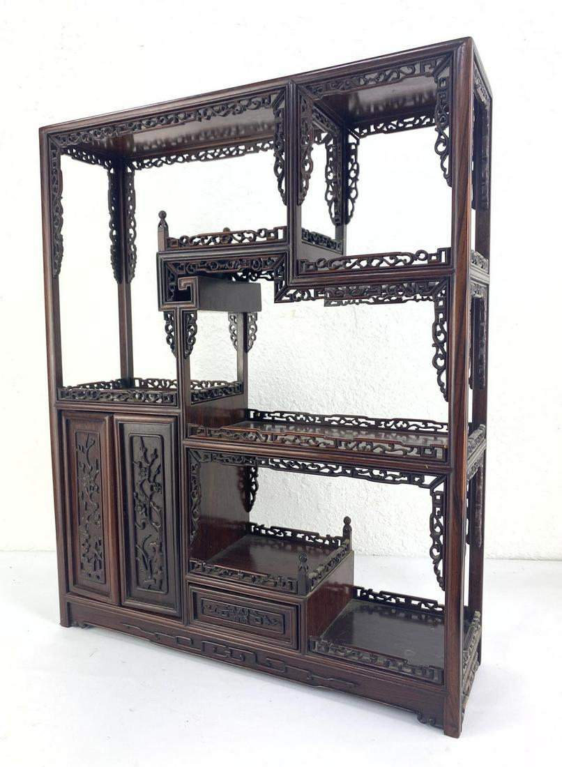 Carved Asian Curio Hanging Wall Cabinet. Small compartm (1 of 10)