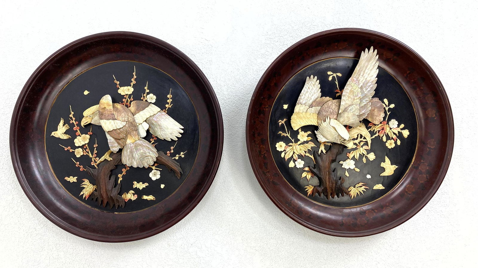 Pair Round Asian Deep Wall Plaques. Applied and Inlaid (1 of 17)