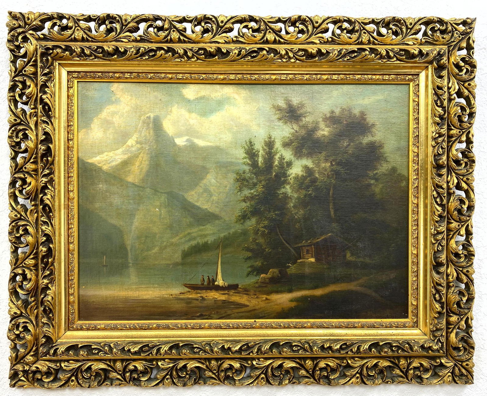 Antique Oil Painting on Canvas Unsigned.  Sail bout on (1 of 10)