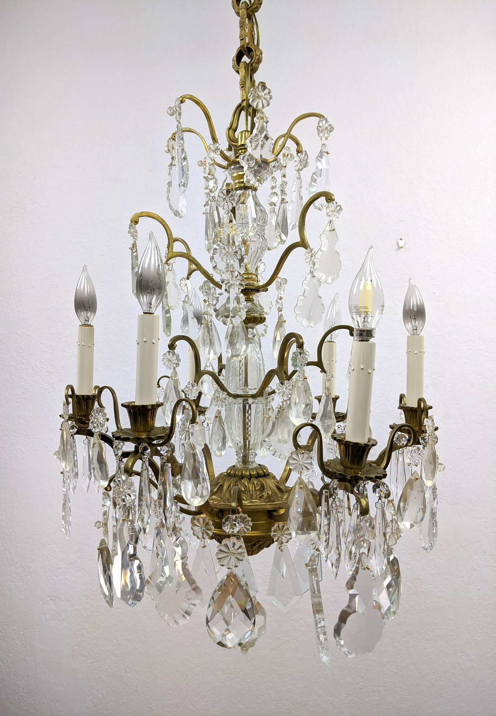 Brass & Crystal Hanging Chandelier. 6 arm candle lights (1 of 10)