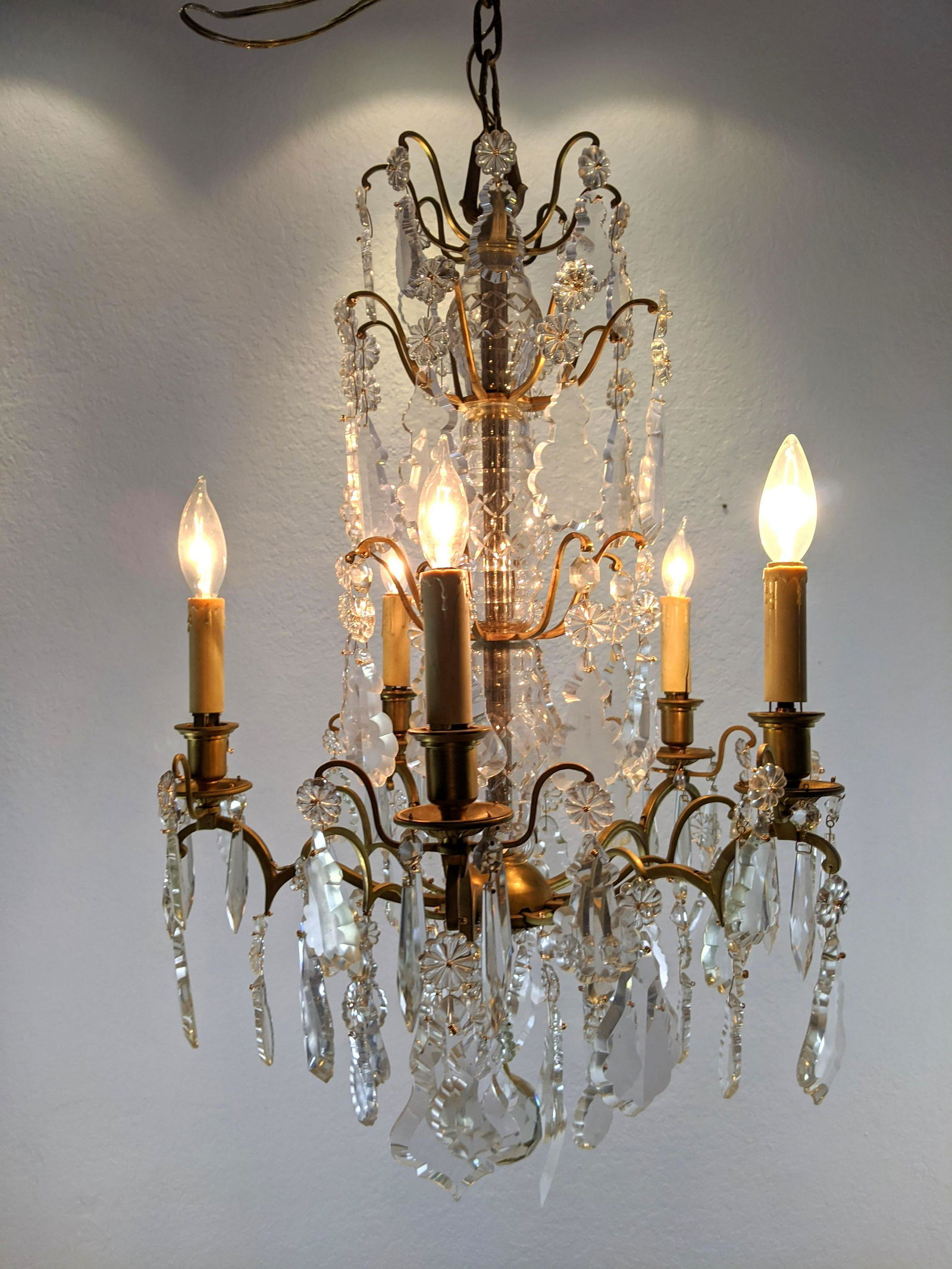 Small Brass Arm Crystal Prism Chandelier Hanging Light. (1 of 12)