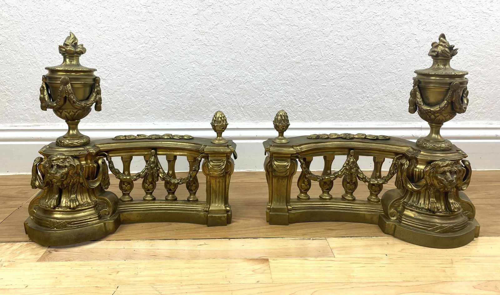 Pr gilt bronze Andirons Chenets. Lion Heads with Archit (1 of 13)