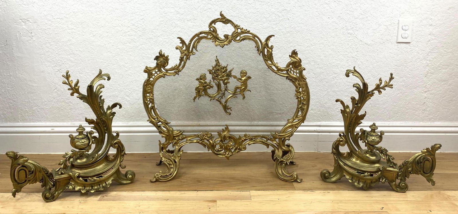 3pc Gilt Iron Fireplace Fire Screen and Andirons. Ornat (1 of 15)