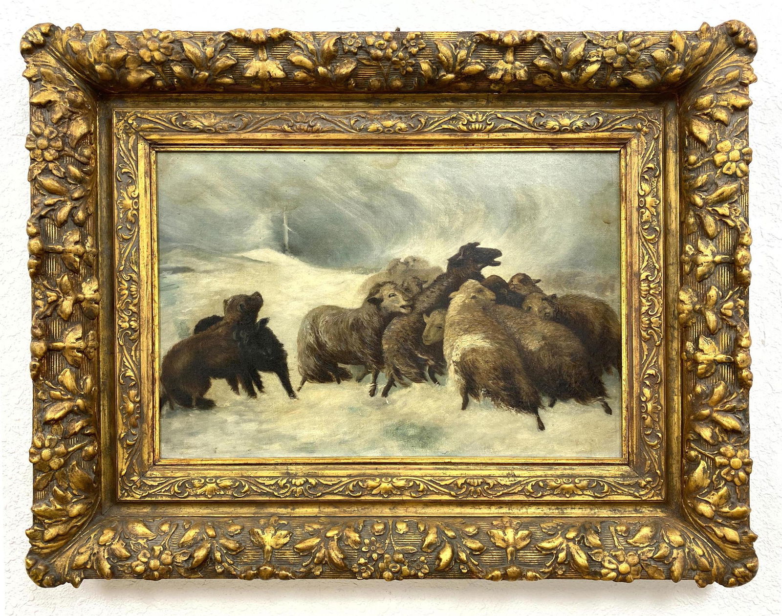 Antique Oil Painting on Canvas of Dogs Herding Sheep in (1 of 11)