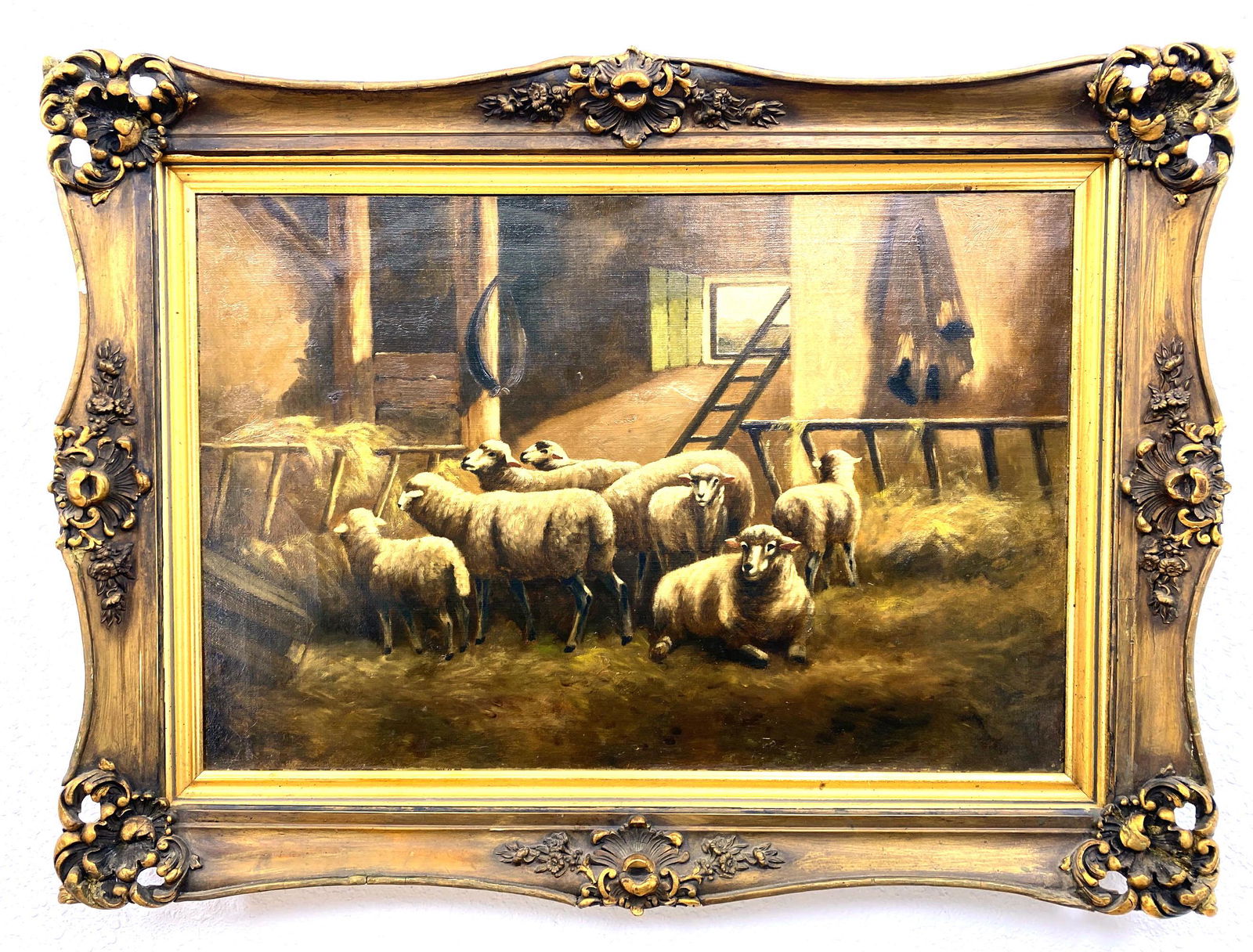 Interior Barn Scene with Sheep Vintage Painting. Oil on (1 of 10)