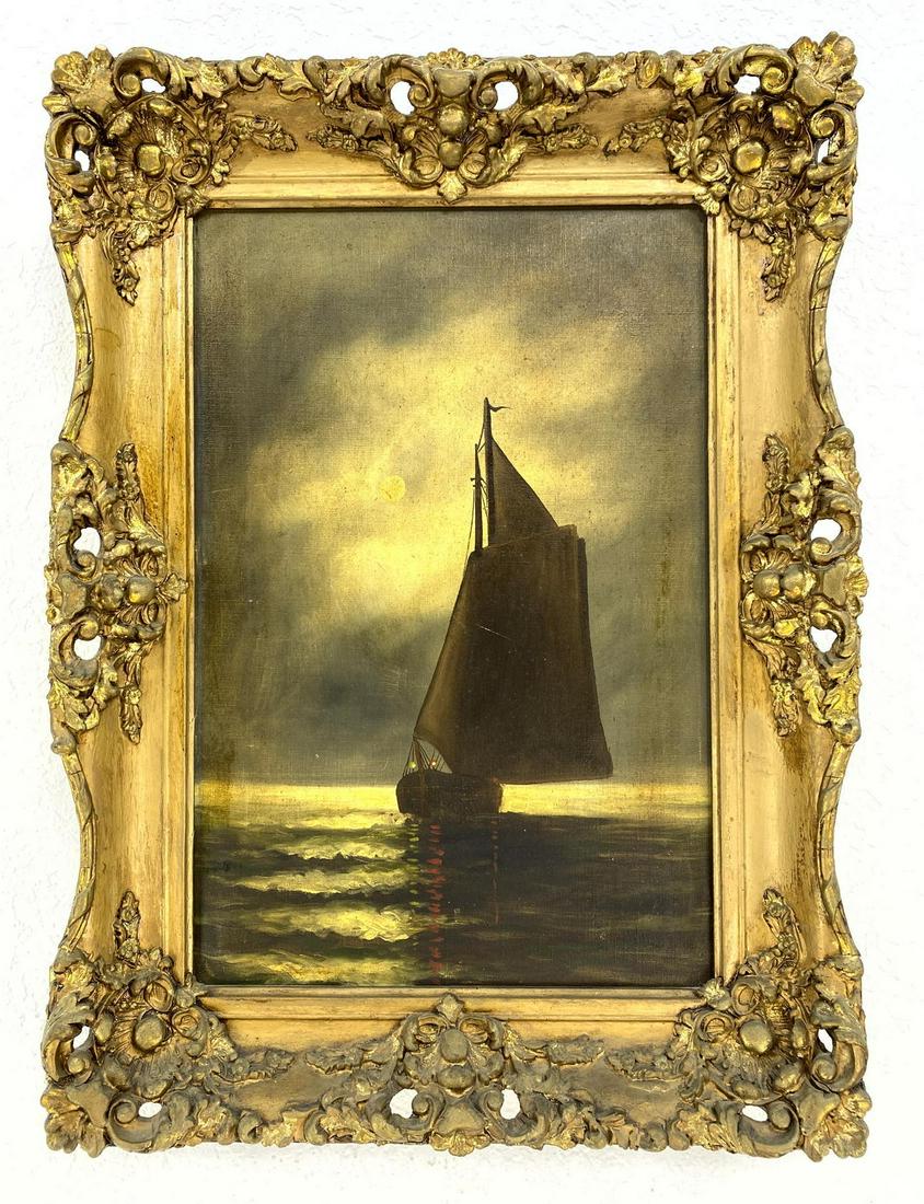 Antique Marine Scene Painting. Sailboat. Illegible sign (1 of 10)