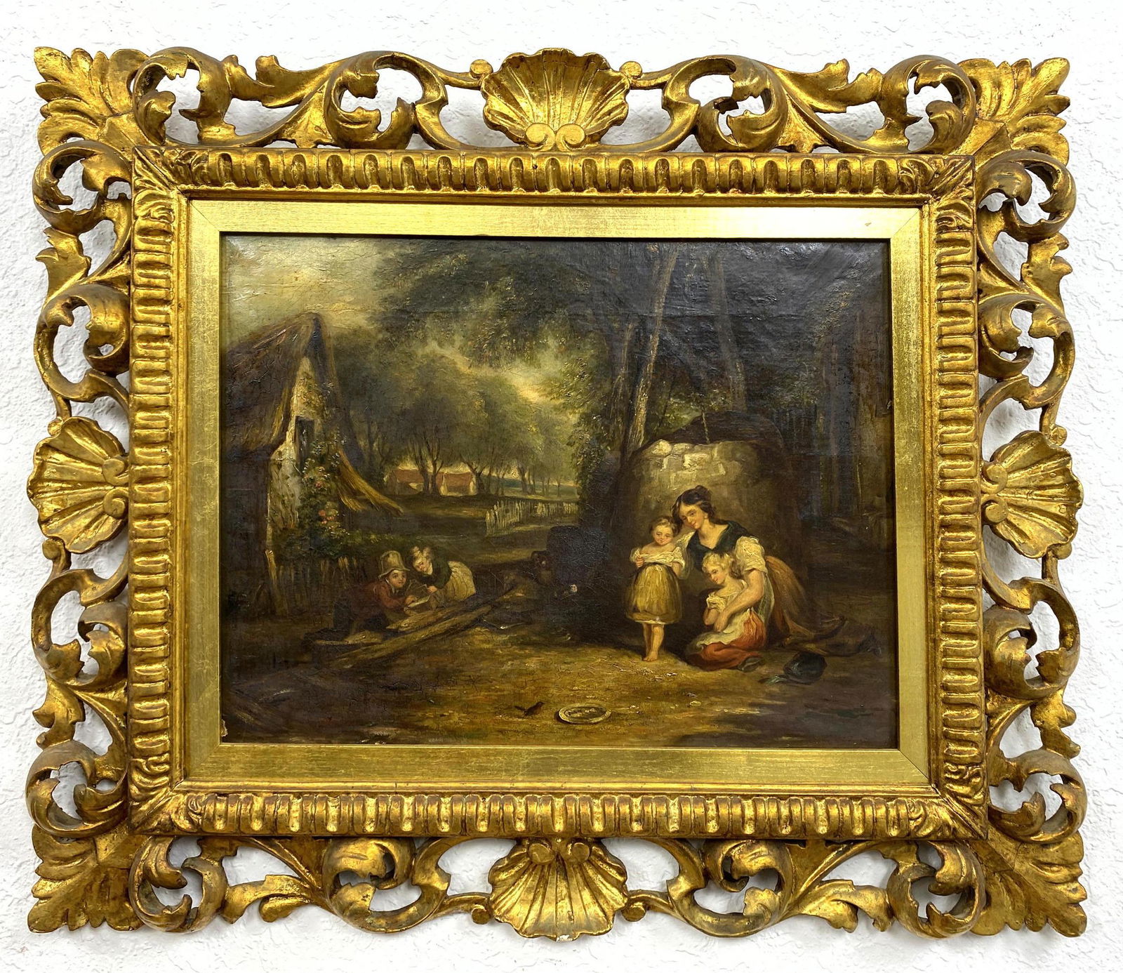 Signed Genre Antique Oil Painting on Canvas. Family at (1 of 16)