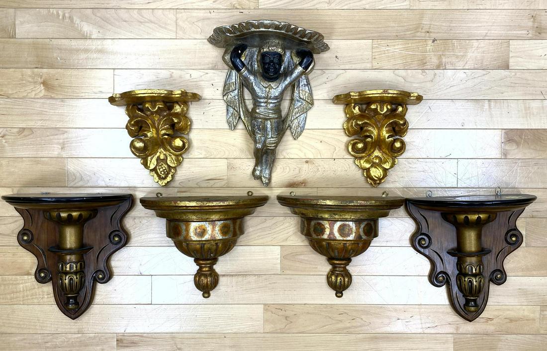 7 Wood Wall Bracket Shelf Sconces. 3 pairs and 1 figura (1 of 15)
