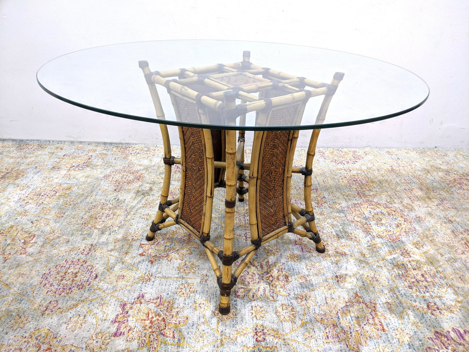 Faux Bamboo Woven Rattan Glass Top Dining Table. 48" ro (1 of 7)