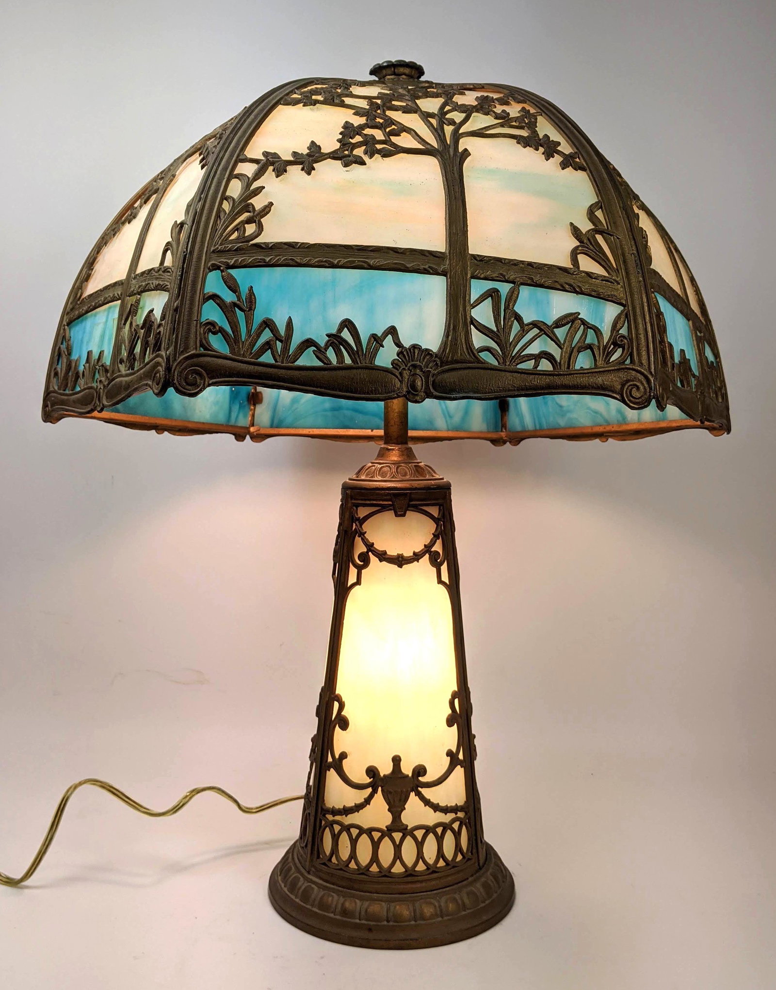 Antique Slag Glass Table Lamp. White metal with colored (1 of 18)