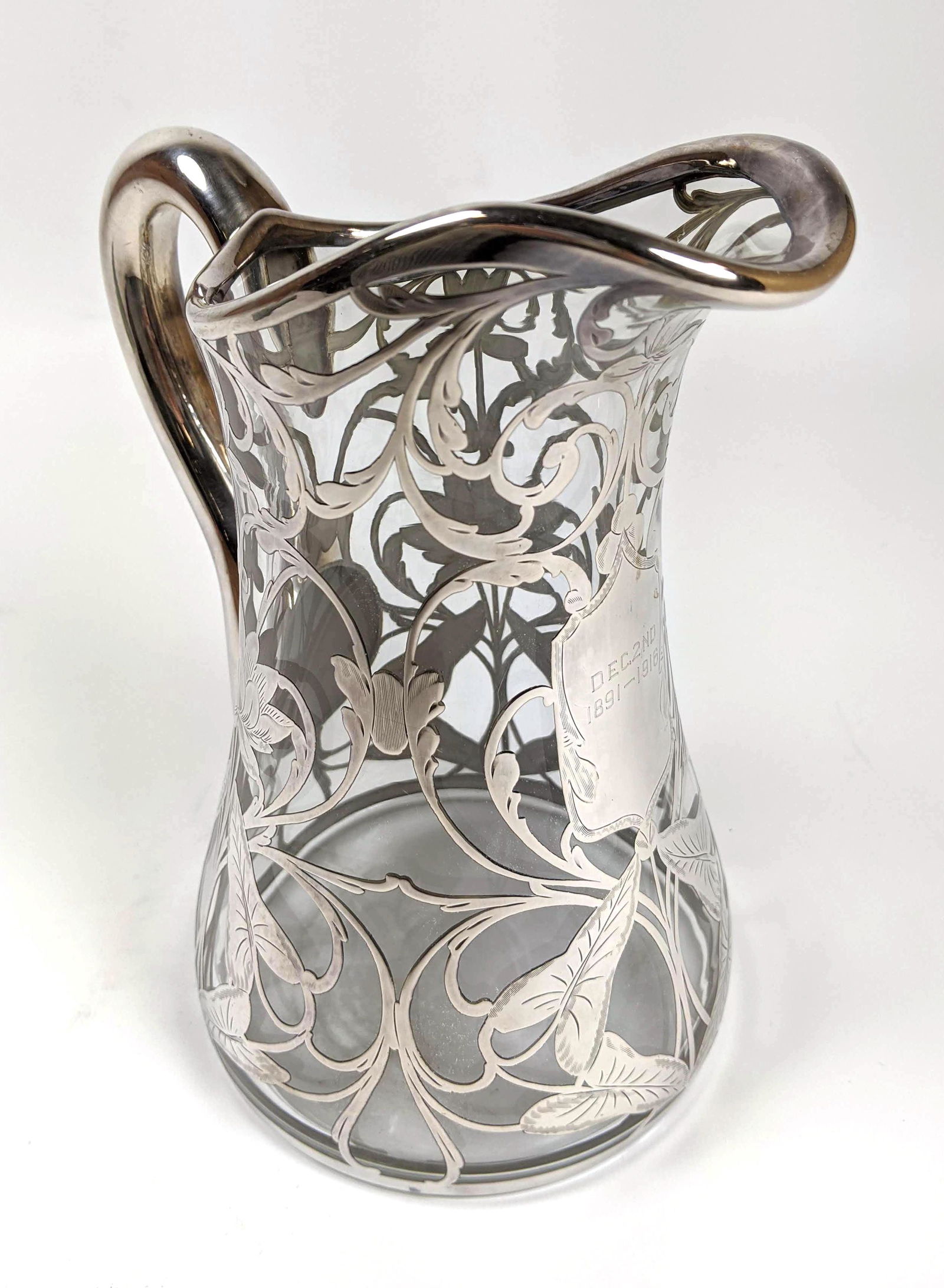 Antique Sterling Overlay Crystal Pitcher. Overall desig (1 of 7)