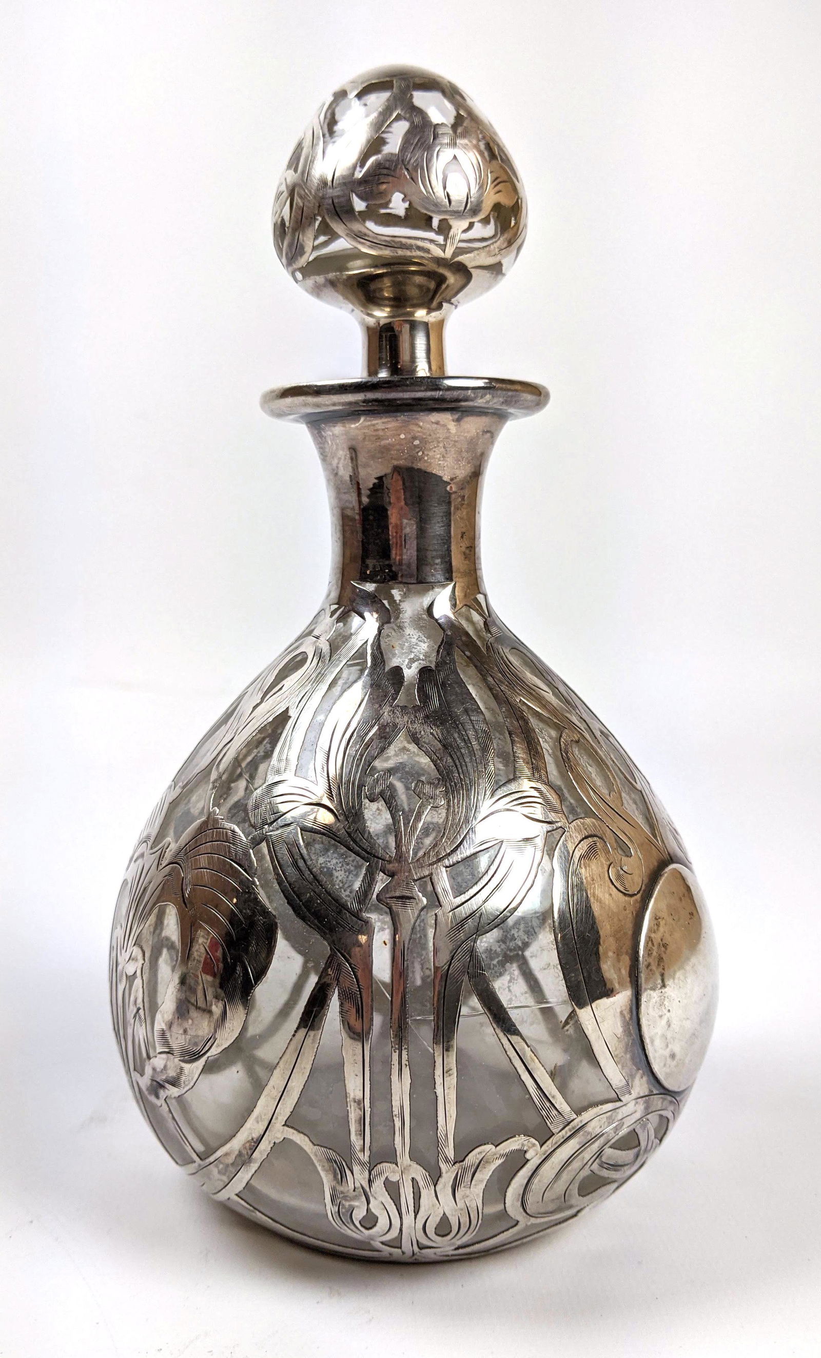 Art Nouveau Sterling Overlay Stoppered Bottle. Overall (1 of 8)