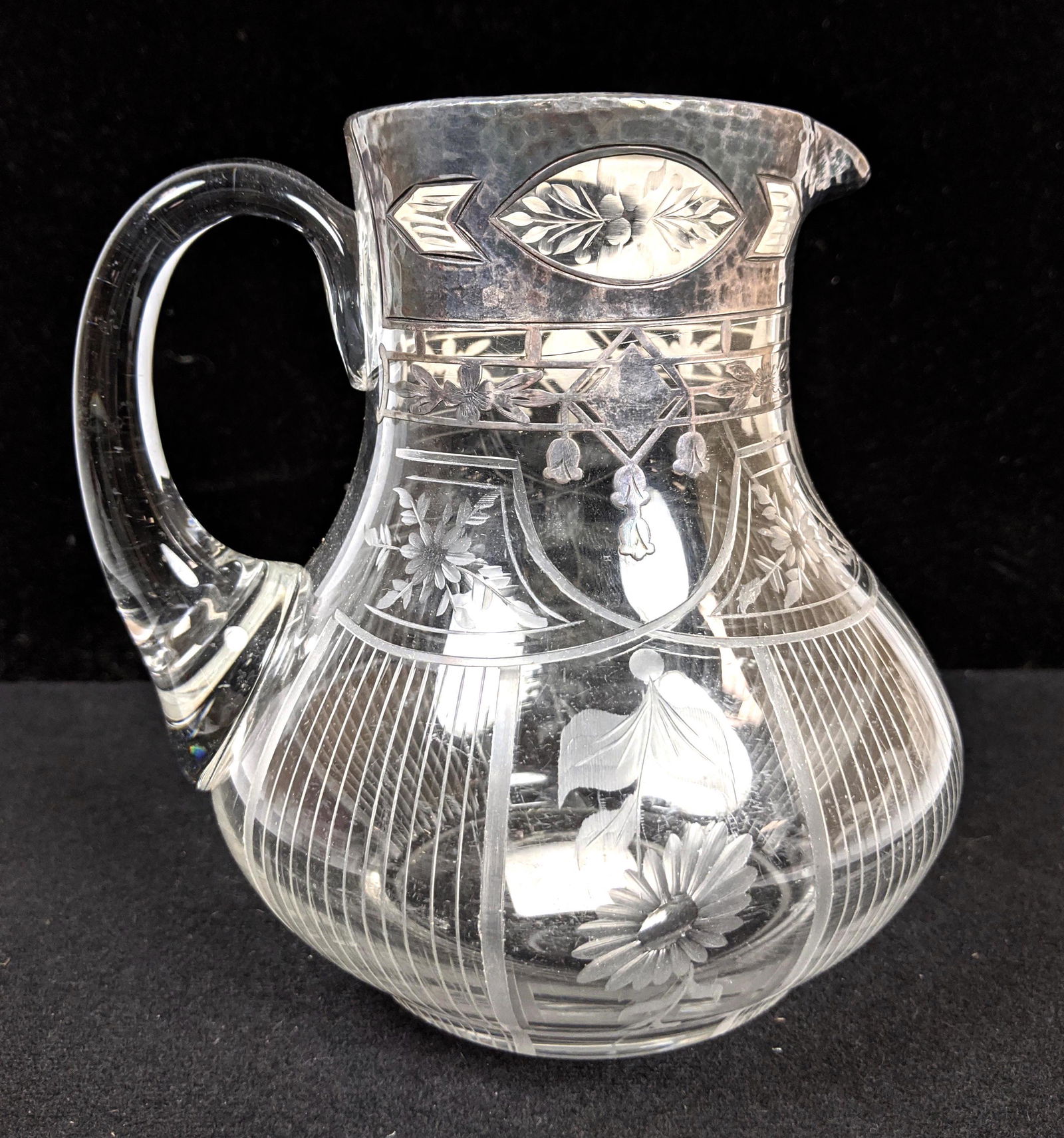 Sterling Overlay Cut Crystal Pitcher. Floral design. (1 of 8)