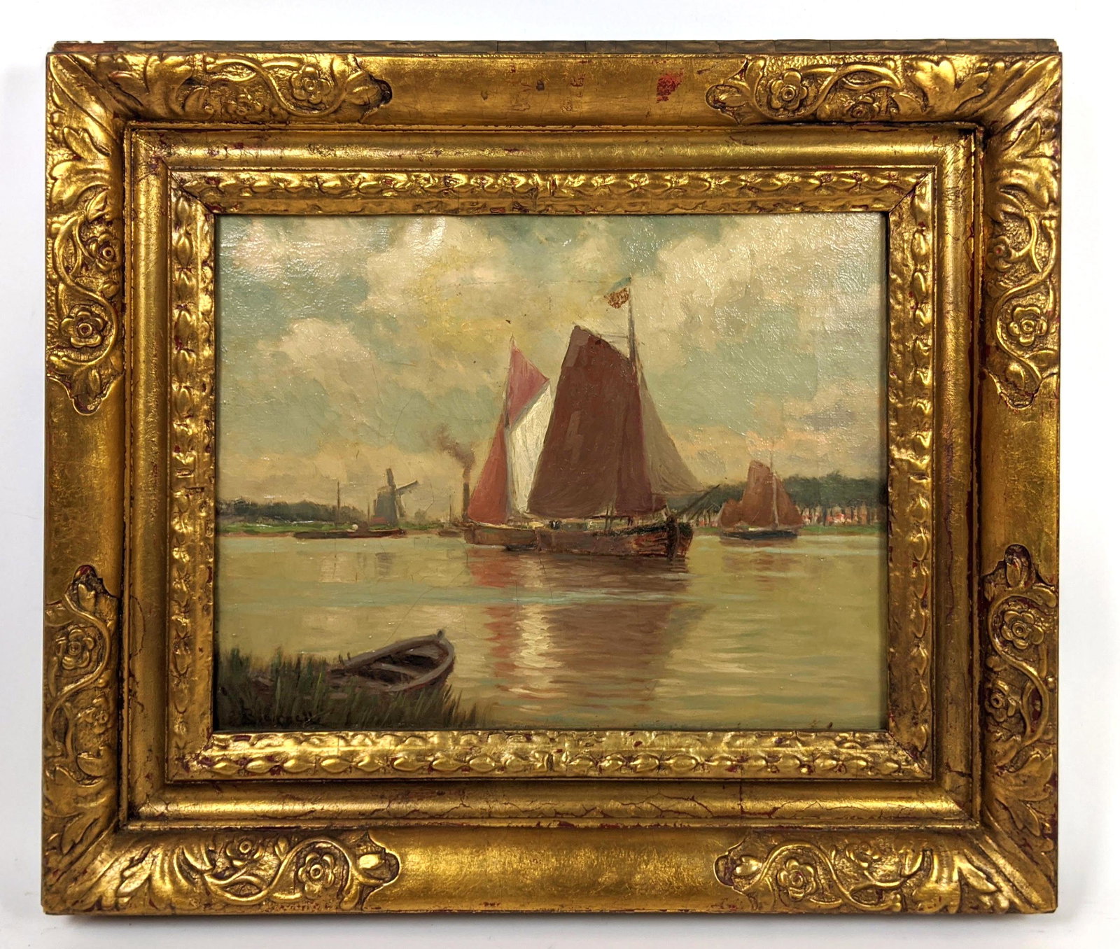 Antique Signed Oil Painting on Canvas of Dutch Sail Boa (1 of 9)