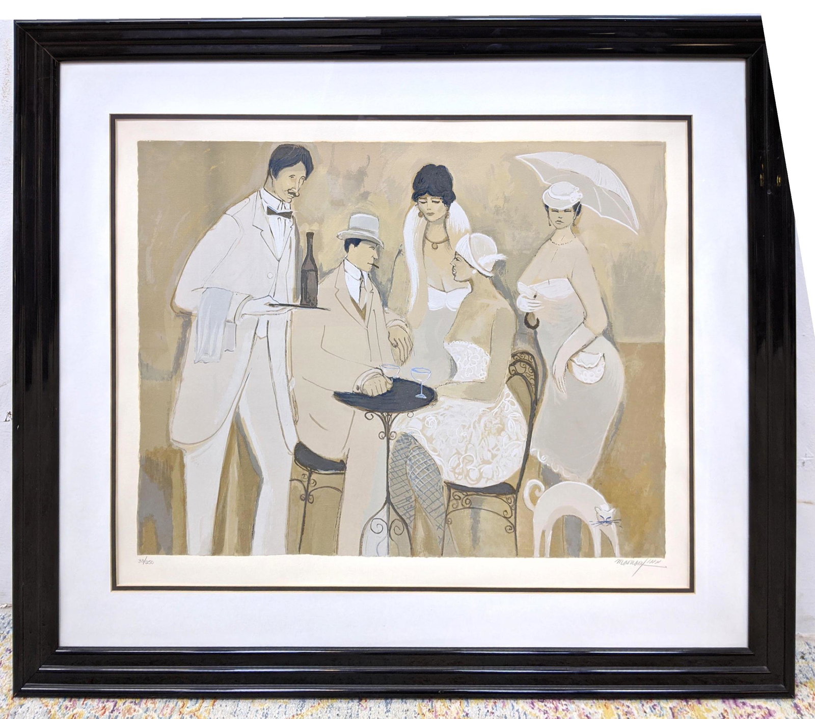 Artist signed print of cafŽ scene. Woman with white par (1 of 10)