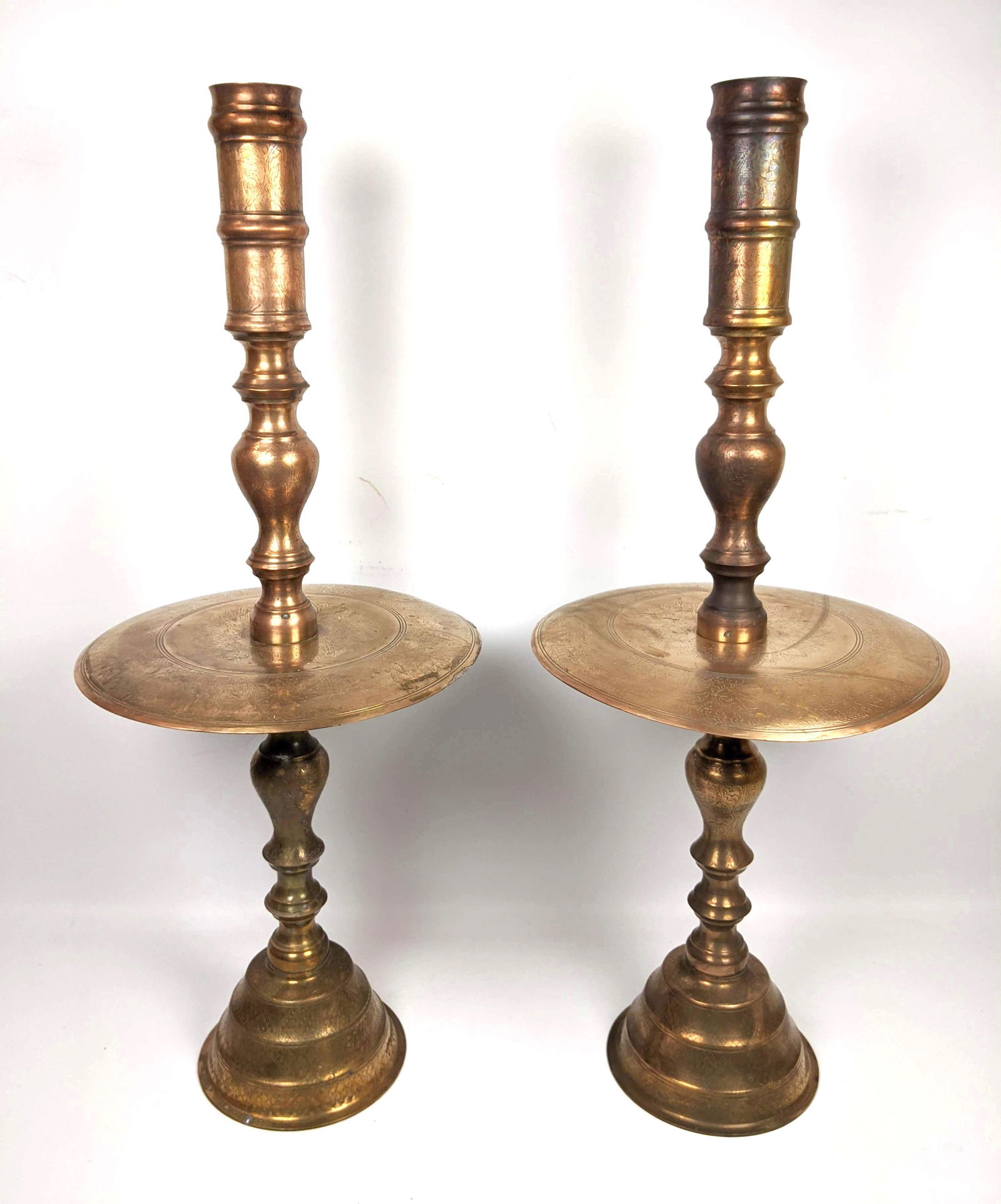 Pair 30" Large Picket Candle Stands. Brass with etched (1 of 15)